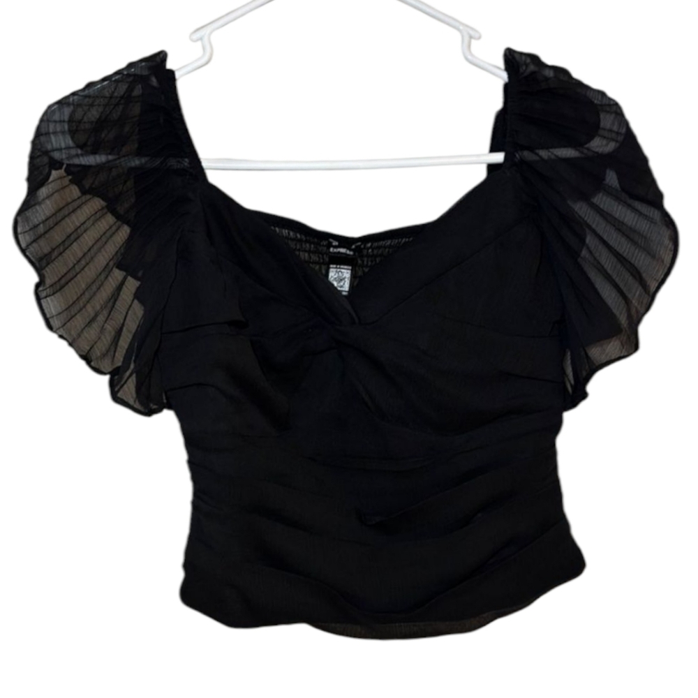 Express Black Top Ruched Flutter Sleeve Blouse, Size S